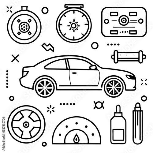 Car maintenance and repair line art illustration