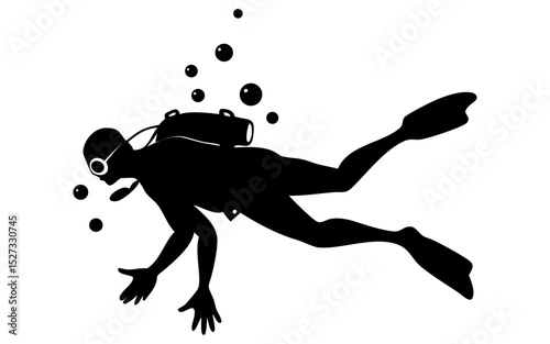 Scuba diver underwater  full black silhouette vector illustration design