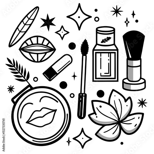 Black and white makeup illustration with botanical elements