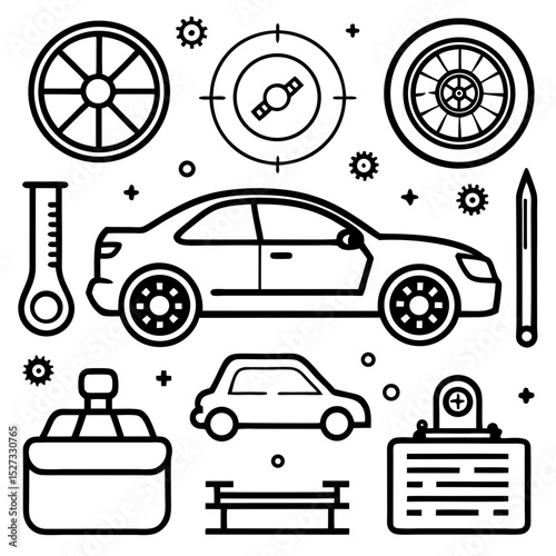 Car repair shop icons black and white illustration