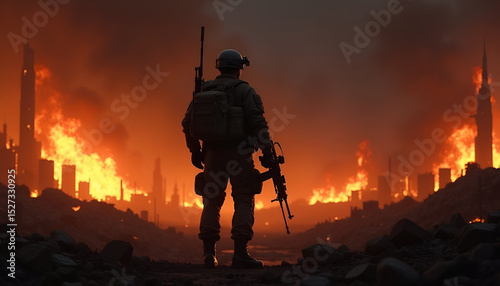 Armed soldier standing amid fire and destruction