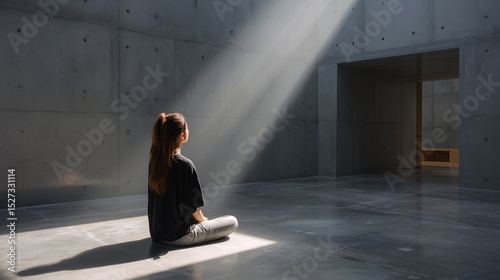 Young woman in concrete room pondering