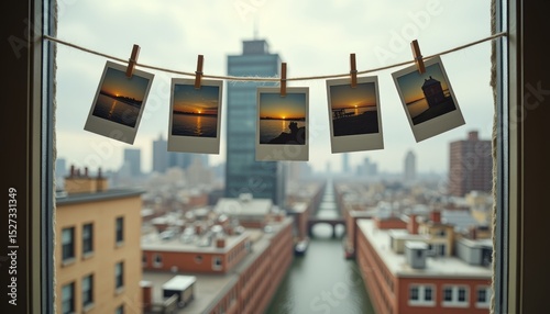 Polaroid photos clipped to string overlooking a cityscape at sunset  