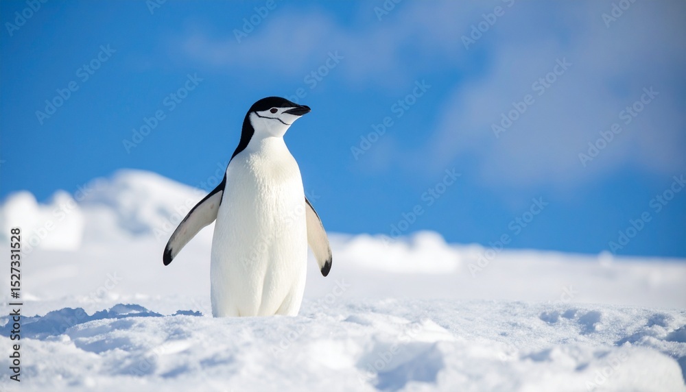 Naklejka premium Portrait photo of a cute polar penguin in the snow with a clear blue sky