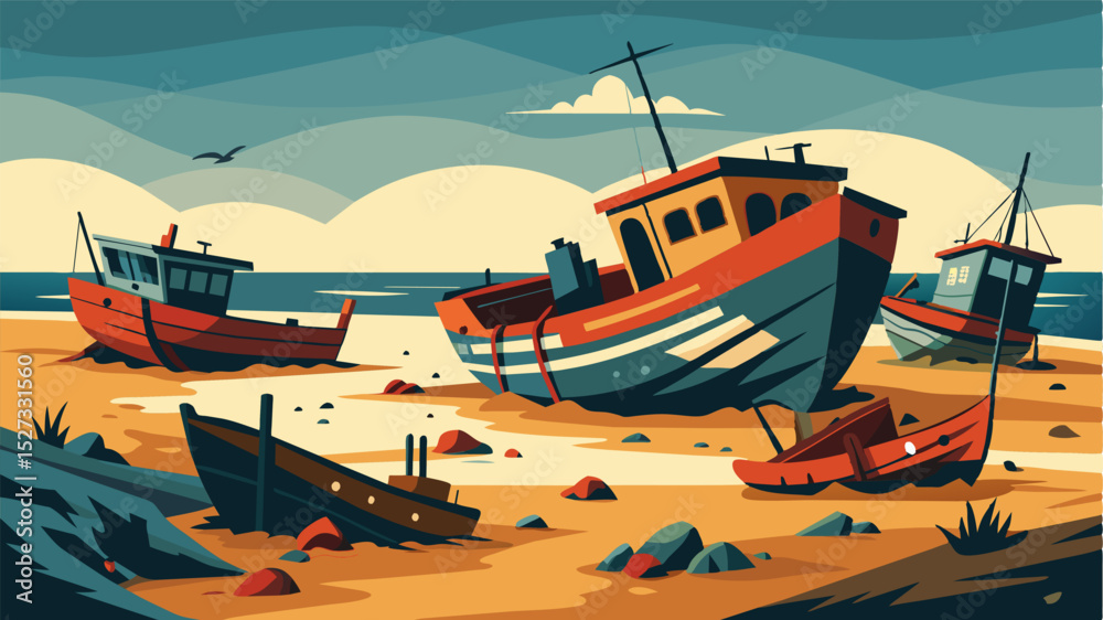 A smattering of empty fishing boats can be seen tered along the shore left to decay in the elements. A poignant reminder of the shrinking number of fishermen and the struggling. Vector illustration