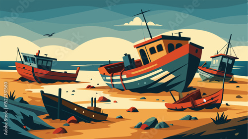 A smattering of empty fishing boats can be seen tered along the shore left to decay in the elements. A poignant reminder of the shrinking number of fishermen and the struggling. Vector illustration