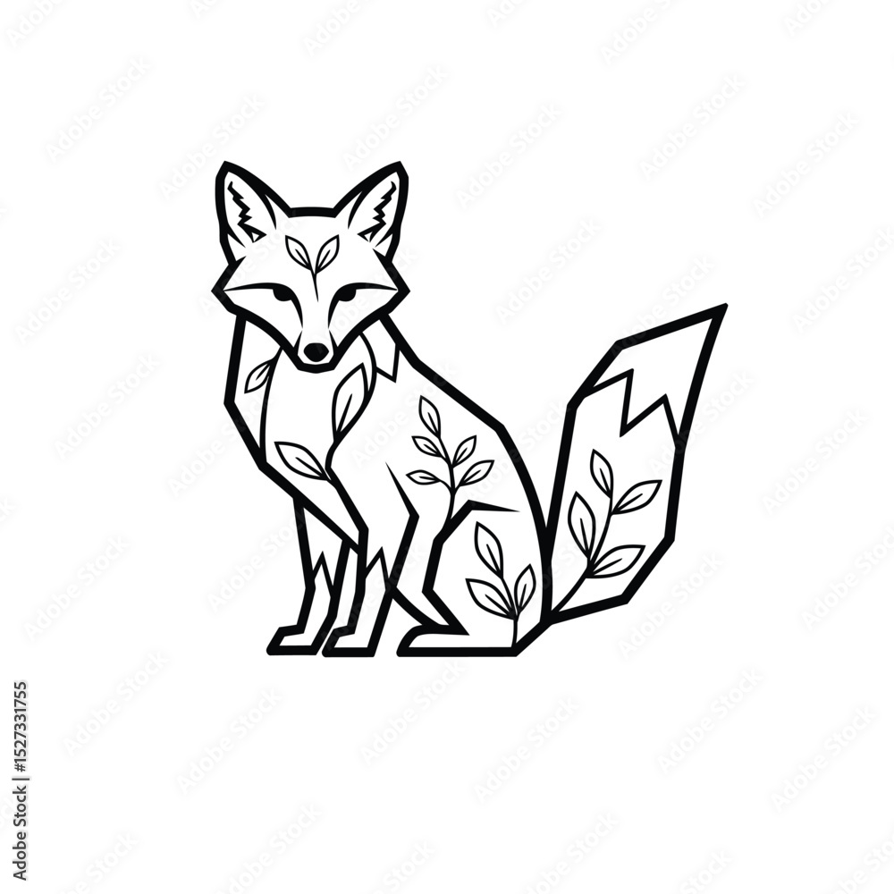 Fototapeta premium Geometric fox with floral design line art
