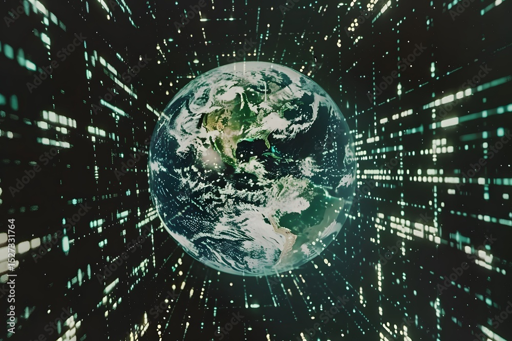 Obraz premium Earth partially transforming into digital pixels and code, fusion of nature and technology, futuristic design 