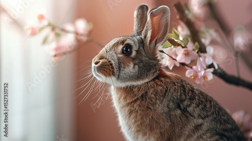 Brown Rabbit with Pink Blossoms Portrait