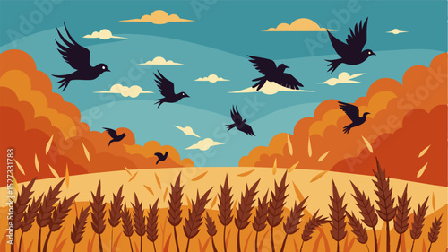 A flock of hungry birds descending upon a field of dying wheat desperate for any sustenance they can find as their natural food sources disappear.. Vector illustration