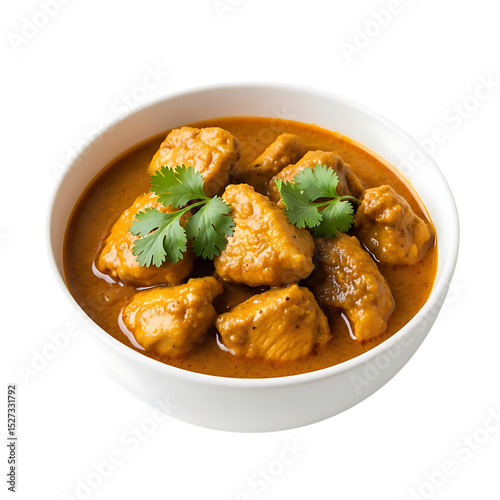 Delicious chicken curry recipe homemade indian food with cilantro garnish in a white ceramic bowl on transparent background