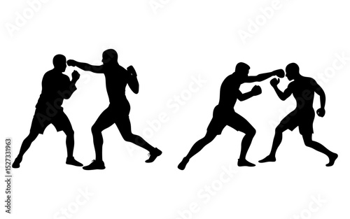 Set of men fighting full black silhouette vector illustration design