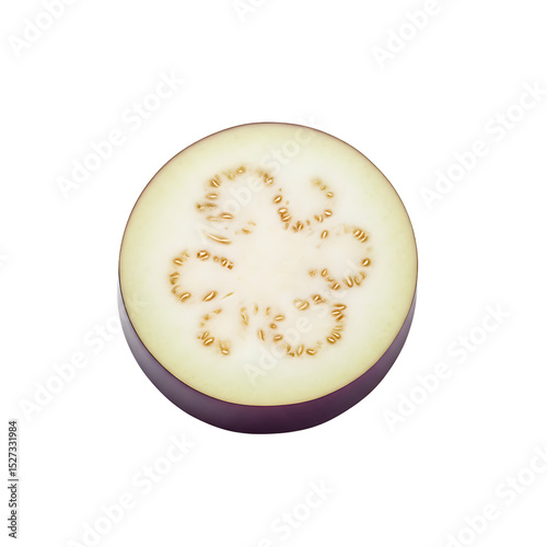 Eggplant slice cross section close up fresh vegetable ingredient food photography studio shot on black background on transparent background