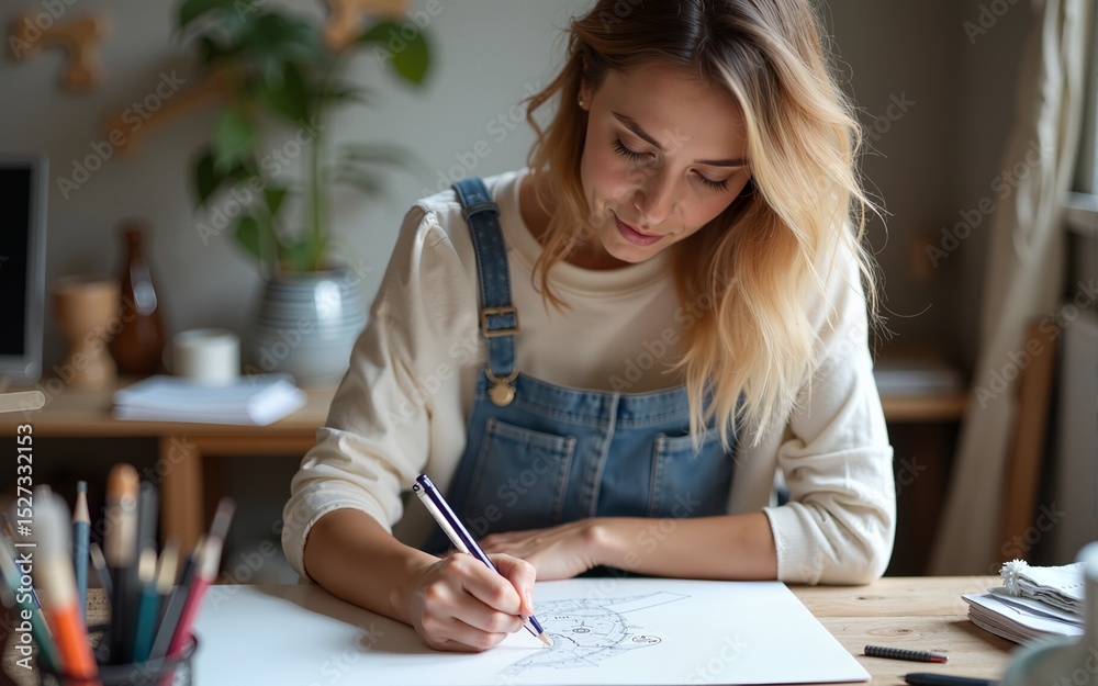 Female artist drawing sketches in art studio with tools and supplies. High quality Female artist drawing sketches in art studio with tools and supplies. High quality