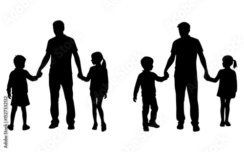 Set of father holding hands her child's  full black silhouette vector illustration design