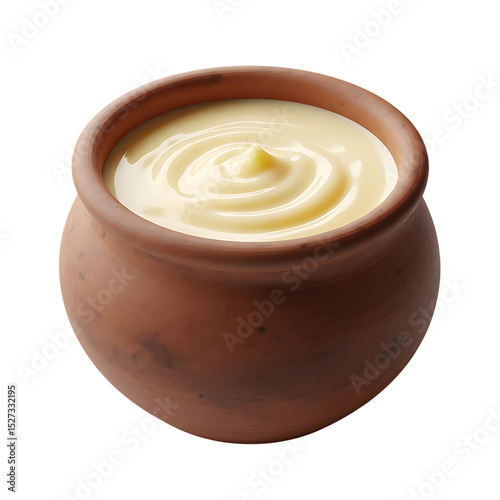 Delicious yogurt in clay pot creamy dessert healthy snack probiotic food breakfast recipe traditional dairy treat on transparent background