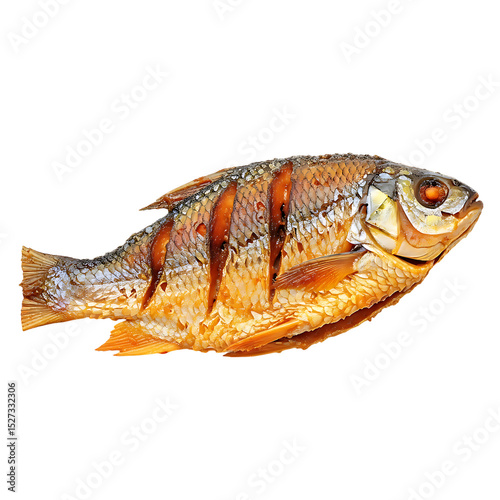 Delicious crispy fried fish recipe isolated on black background for seafood restaurant menu concept art on transparent background