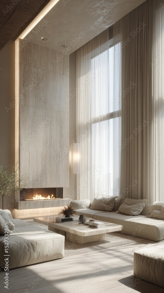 Fototapeta premium front view of the premium minimalist living room in soft neutral tones