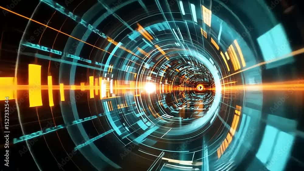 Abstract futuristic tunnel with vibrant blue and orange lights creating a sense of motion and depth