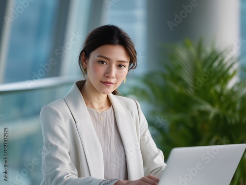 Young professional woman confidently using laptop