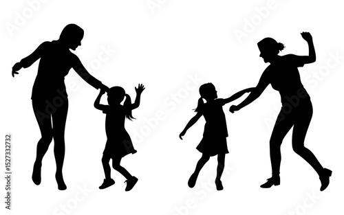 Set of mother playing with child full black silhouette vector illustration design