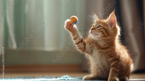 Orange Tabby Kitten Reaching for Striped Ball
