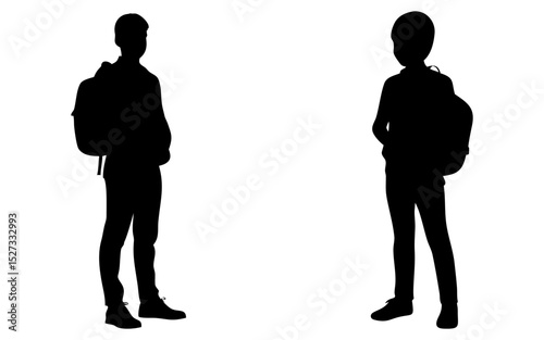 Set of school boy standing with backpack full black silhouette vector illustration design