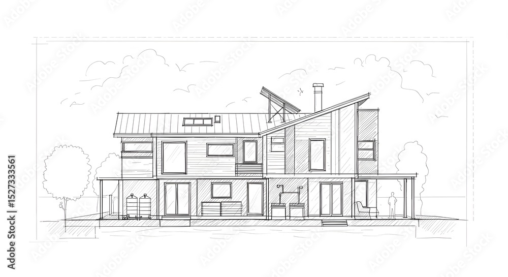 Obraz premium Architectural drawing of modern house design with blueprint sketch and home construction plan view on transparent background