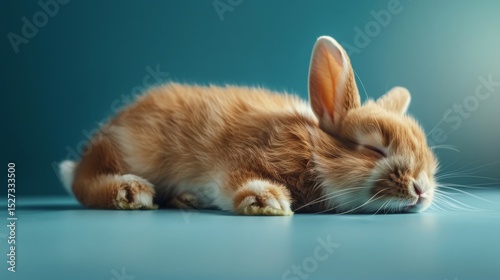 Sleeping Orange Rabbit on Blue Surface