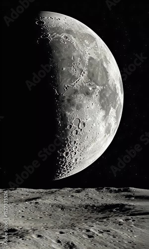 Realistic Moon Surface Landscape, Gray and White Crater Texture