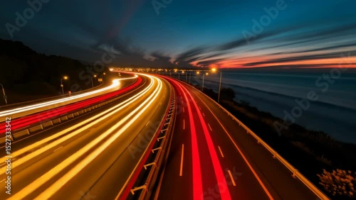 Wallpaper Mural A coastal highway curves along the shoreline at dusk, with vibrant sunset colors and light trails from passing vehicles. Torontodigital.ca