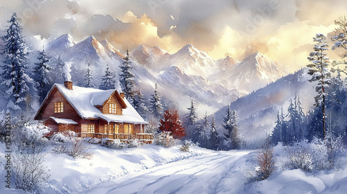 cozy wooden house surrounded by snow covered mountains and pine trees, evoking serene winter