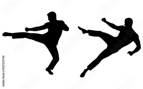 Young karate man full black silhouette vector illustration design