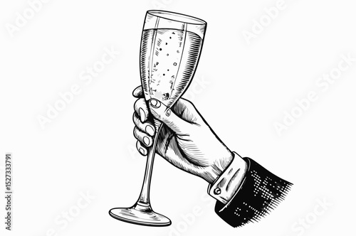 Hand holding a champagne flute glass elegant vintage illustration