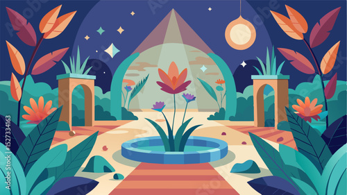 Natural elements such as plants and flowers are incorporated into the design of the space adding a touch of tranquility and inspiration.. Vector illustration