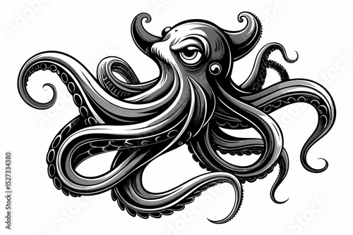 Detailed illustration of a powerful angry octopus with eight tentacles