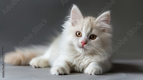 White Kitten Lying Down on Gray Background