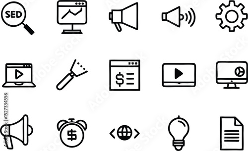 Isolated SEO Icon Set, Magnifying Glass, Graph, Megaphone, Gears, on White