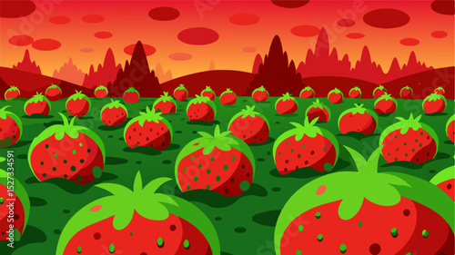 A field of forgotten unpicked strawberries their bright red hues tarnished by a layer of fuzzy green mold.. Vector illustration