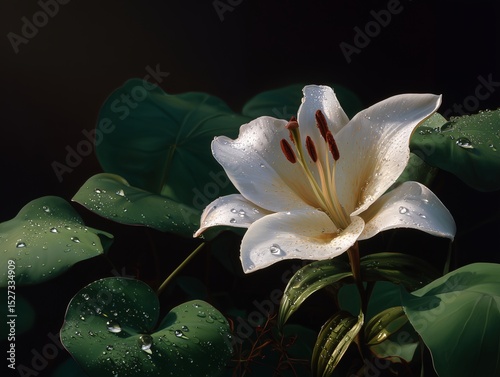 White lily with water droplets blooming
