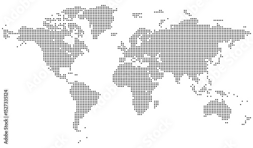 Vector dotted world map with east and west hemisphere detail. Great for global visual communication and design work. Modern dotted world map feathering abstract country boundary in dotted shape.