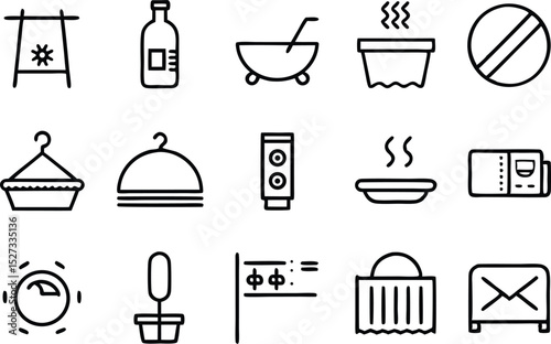 Line art icon set featuring diverse hotel related symbols on transparent background