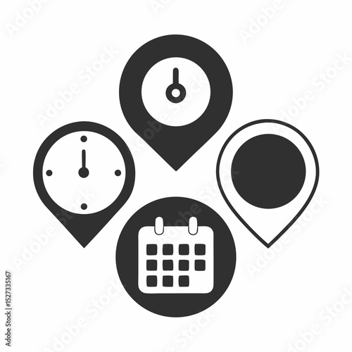Time management concept with clock calendar and location pins