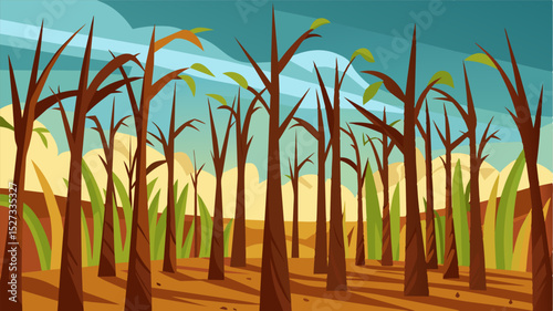 A forlorn plantation of unharvested sugarcane the tall stalks now limp and brown instead of rich and sweet.. Vector illustration