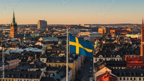 Stockholm City Sweden in sunset with big sweden flag waving 