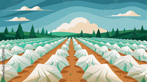 A sea of drooping crops swaddled in white plastic representing the fragility of agriculture in the face of unpredictable climate patterns.. Vector illustration