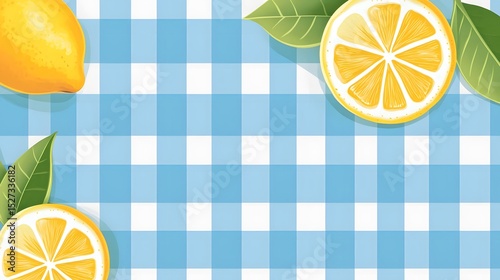 Fresh lemons and green leaves adorn a blue and white checkered tablecloth backdrop