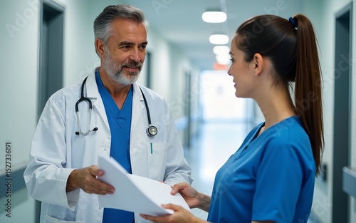 Doctor and nurse discussing medical chart in hospital corridor. High quality