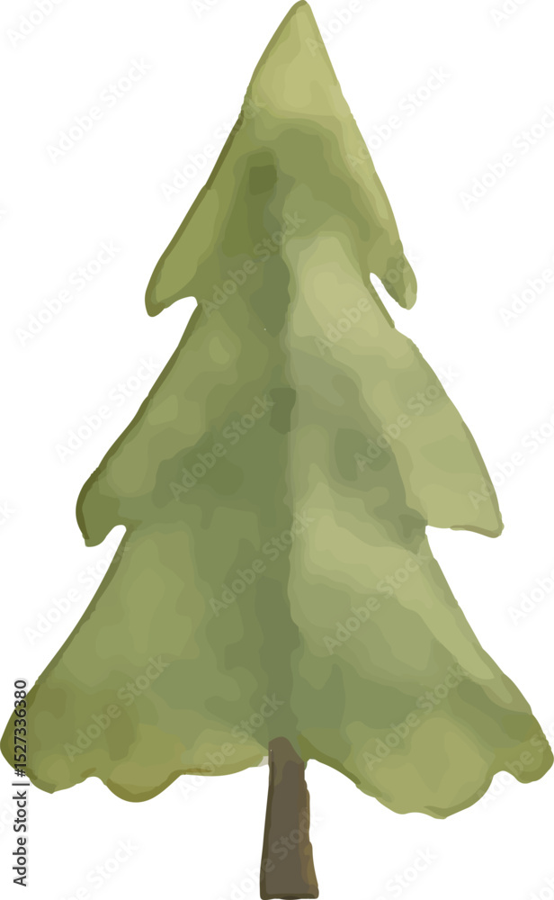 A stylized watercolor illustration of a lush green pine tree with a brown trunk. The tree has a triangular shape, soft shading, and organic texture, evoking a serene nature aesthetic