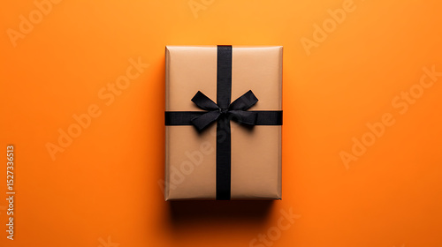 Gift Box With Black Ribbon Displayed on Vibrant Orange Background for Festive Occasions or Celebrations